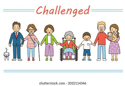 Illustrations of people with artificial legs, wheelchairs, visually impaired, hearing impaired, people of various races and ages.Easy-to-edit vector material.