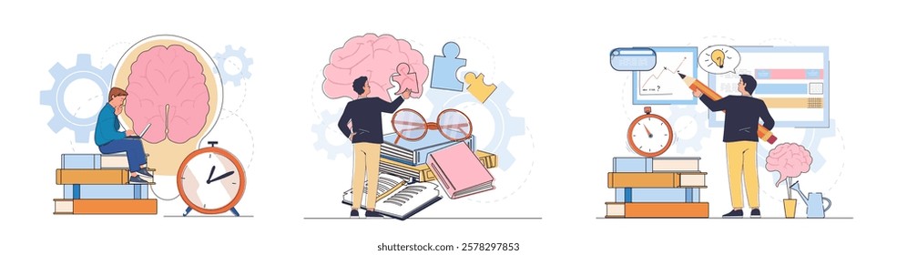 Illustrations of people with books, brains, clocks, and gears, symbolizing education, problem-solving, and time management on a white background. Flat vector illustration