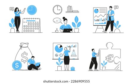 Illustrations of people in business. Collection of business event scenes and charts. Trendy vector line art style