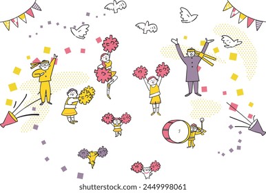 Illustrations of people cheering in groups.							
