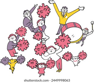 Illustrations of people cheering in groups.							
