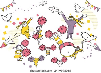 Illustrations of people cheering in groups.							
