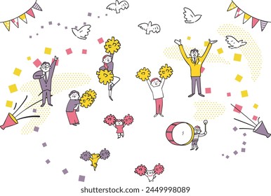 Illustrations of people cheering in groups.							

