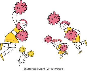 Illustrations of people cheering in groups.							
