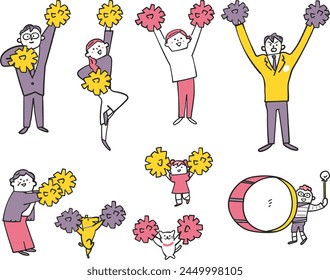 Illustrations of people cheering in groups.							
