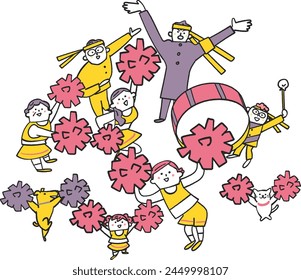 Illustrations of people cheering in groups.							
