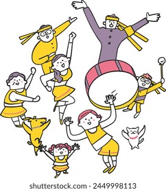 Illustrations of people cheering in groups.							
