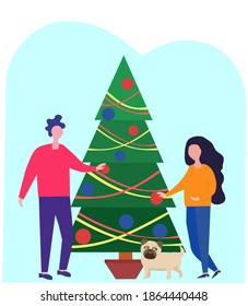 Illustrations of people decorating a Christmas tree for Christmas and New Year. Flat cartoon vector banner.