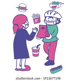 
Illustrations of people delivering and receiving fast food