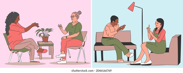Illustrations with people of different ages and nationalities. Everyone has hearing problems. Conversation using gestures. Deaf