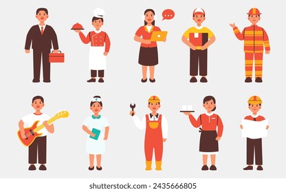 Illustrations of people in different professional attire, showing the variety of jobs in a community, ideal for educational purposes.