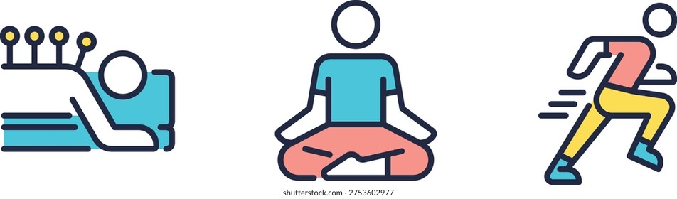 Illustrations of people engaging in different activities such as reading, meditating, and running.