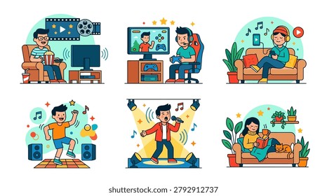 Illustrations of people engaging in various leisure activities at home.