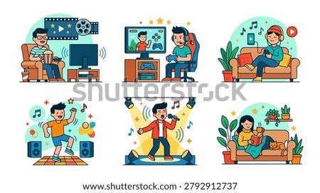 Illustrations of people engaging in various leisure activities at home.