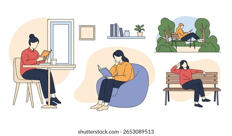 Ilustrações de pessoas que desfrutam de atividades de lazer e relaxamento em vários ambientes, incluindo interiores e exteriores, criando uma sensação de calma e tempo pessoal