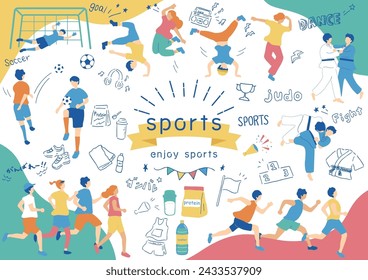 Illustrations of people enjoying sports Japanese kanji character