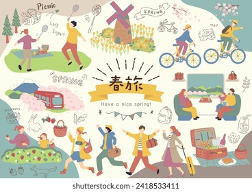 Ilustraciones de personas que disfrutan de viajes en primavera Carácter kanji japonés "harutabi" "viajes en primavera"