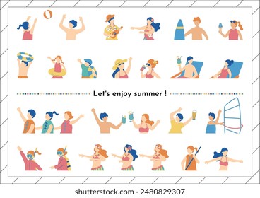 Illustrations of people enjoying summer at the beach