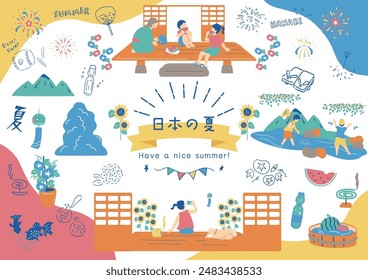 Ilustraciones de personas disfrutando del verano en Japón carácter japonés kanji "nihonnonatu" "verano en Japón"