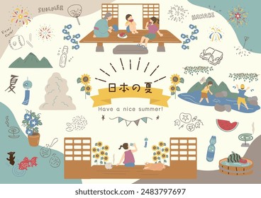 Ilustraciones de personas disfrutando del verano en Japón carácter japonés kanji "nihonnonatu" "verano en Japón"