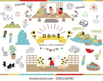 Illustrations of people enjoying summer in Japan Japanese kanji character"nihonnonatu""summer in Japan"