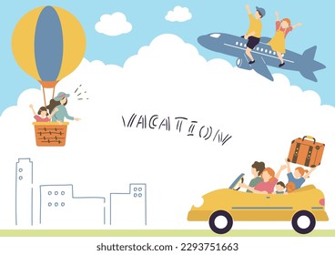 Illustrations of people enjoying traveling by transportation