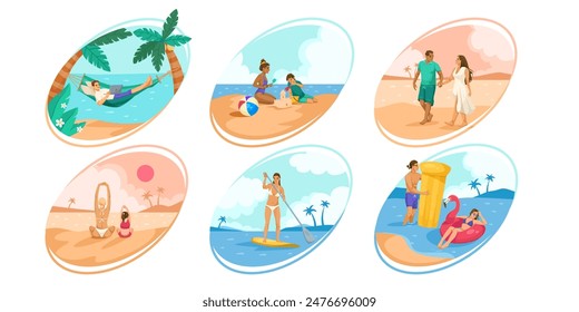 Illustrations of people enjoying various beach activities. Colorful vector illustrations with a light blue sky background. Concept of summer vacations. Vector illustration