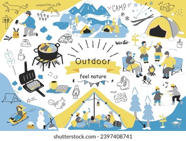 Illustrations of people enjoying winter camping