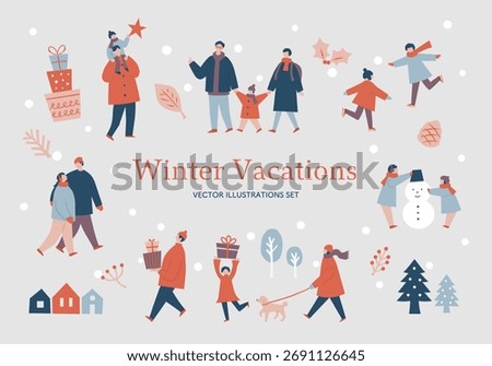 Illustrations of people enjoying winter vacations.