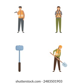 Illustrations of people equipped for an archaeological dig and excavation tools