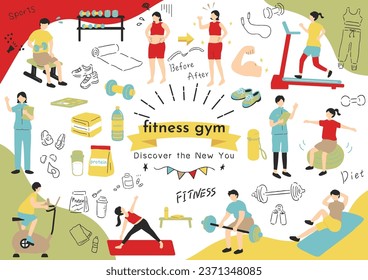 Ilustraciones de personas ejerciendo en el gimnasio