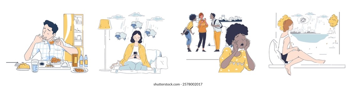 Illustrations of people experiencing daily life emotions eating, stress, social interactions, and solitude, in minimal vector style on white background. Flat cartoon line art vector illustration.