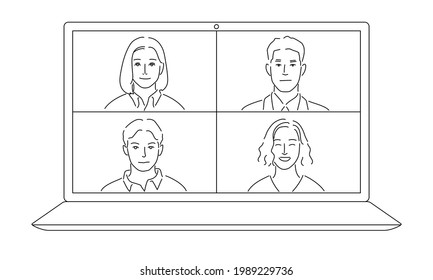 Illustrations of people having a remote online meeting (white background, vector, cut out, line art)