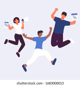 illustrations of people jumping happily discounts flat vector.