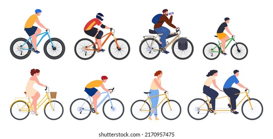Illustrations of people on bicycles of different types for leisure and various sports. Two-wheeled transport. Vector illustration