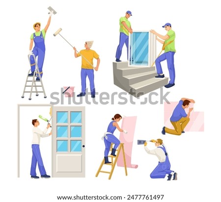 Illustrations of people performing various home renovation tasks in a bright setting. Vector illustration