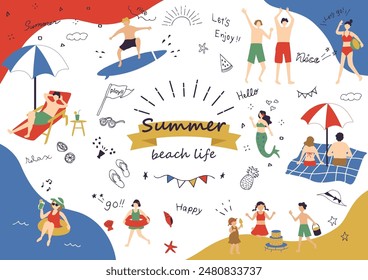 Illustrations of people playing at the beach in summer