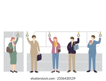 Illustrations of people riding a train