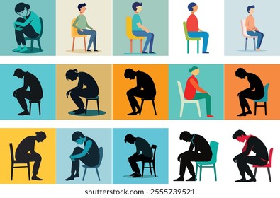 Illustrations of People Sitting in Various Postures: Mental Health, Stress, and Body Language Concepts