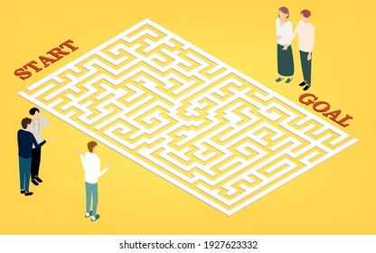 Illustrations of people trying to solve a three-dimensional maze, isometric