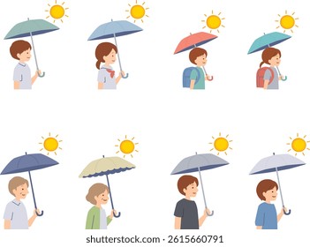 Illustrations of people of various generations holding parasols