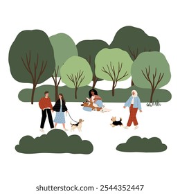 Illustrations of people walking dogs in picturesque parks. Couples, families, and individuals share tender moments with their pets, emphasizing the joy of outdoor companionship. Vector artwork.