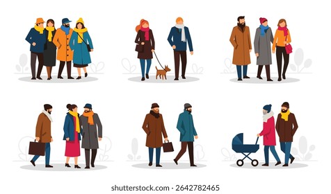 Illustrations of People in Winter Clothing Walking Outdoors in Different Scenarios and Groups