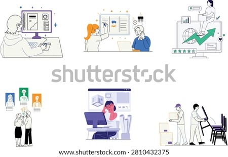 Illustrations of people working in office with computers and data.