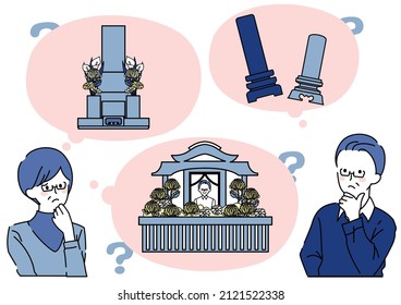 Illustrations of people worrying about graves and funerals