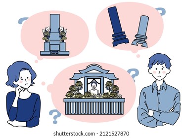 Illustrations of people worrying about graves and funerals