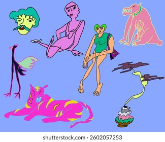 illustrations of people,animals and tree in freehand unique minimal style
