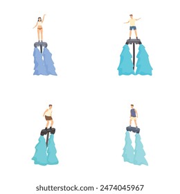 Illustrations of a person performing balance exercises on a bosu ball with dynamic water splashes