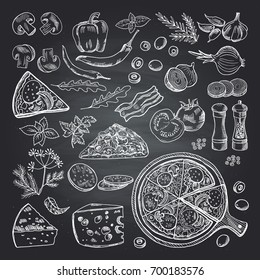 Illustrations of pizza ingredients on black chalkboard. Pictures set of italian kitchen