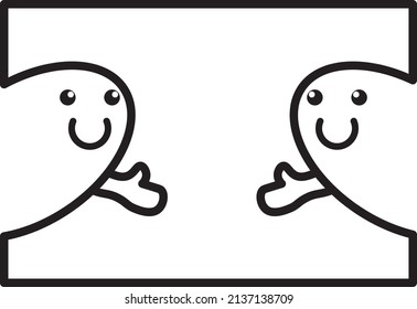Illustrations placed in a cartoon-like frame with a duo of characters holding out their hands
